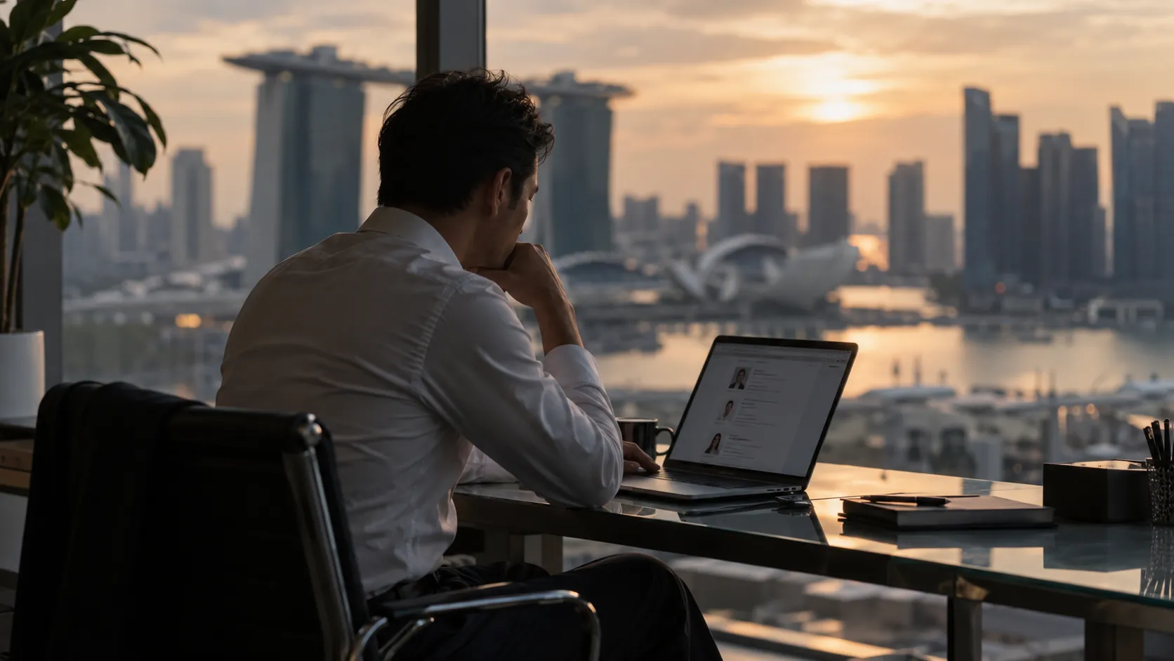 Man in a white shirt at a desk reviewing therapist profiles on a laptop, with the Singapore skyline and Marina Bay at sunset behind the window