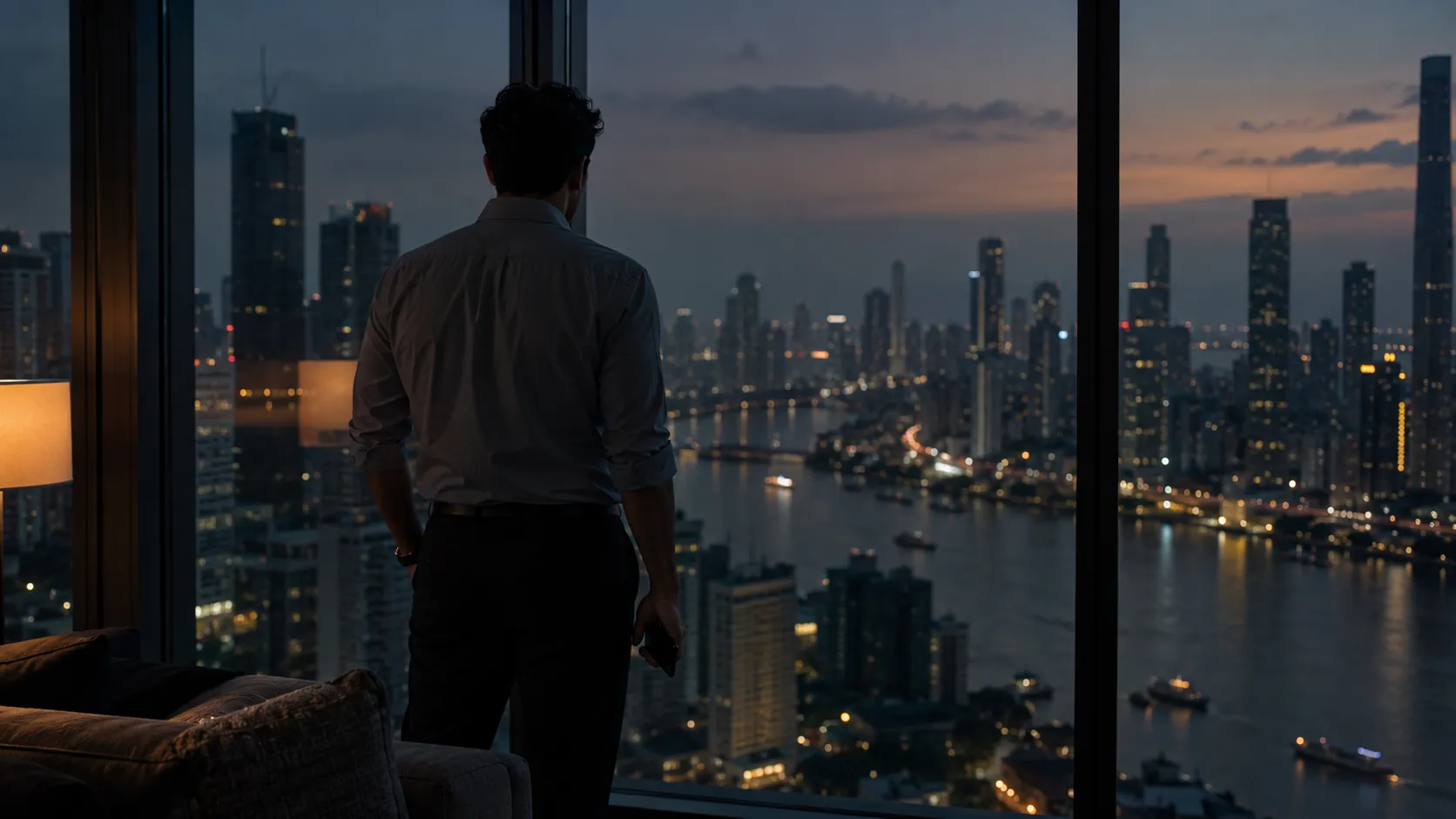 Man in a white shirt standing at a high-rise window at dusk, looking out over a city skyline and river