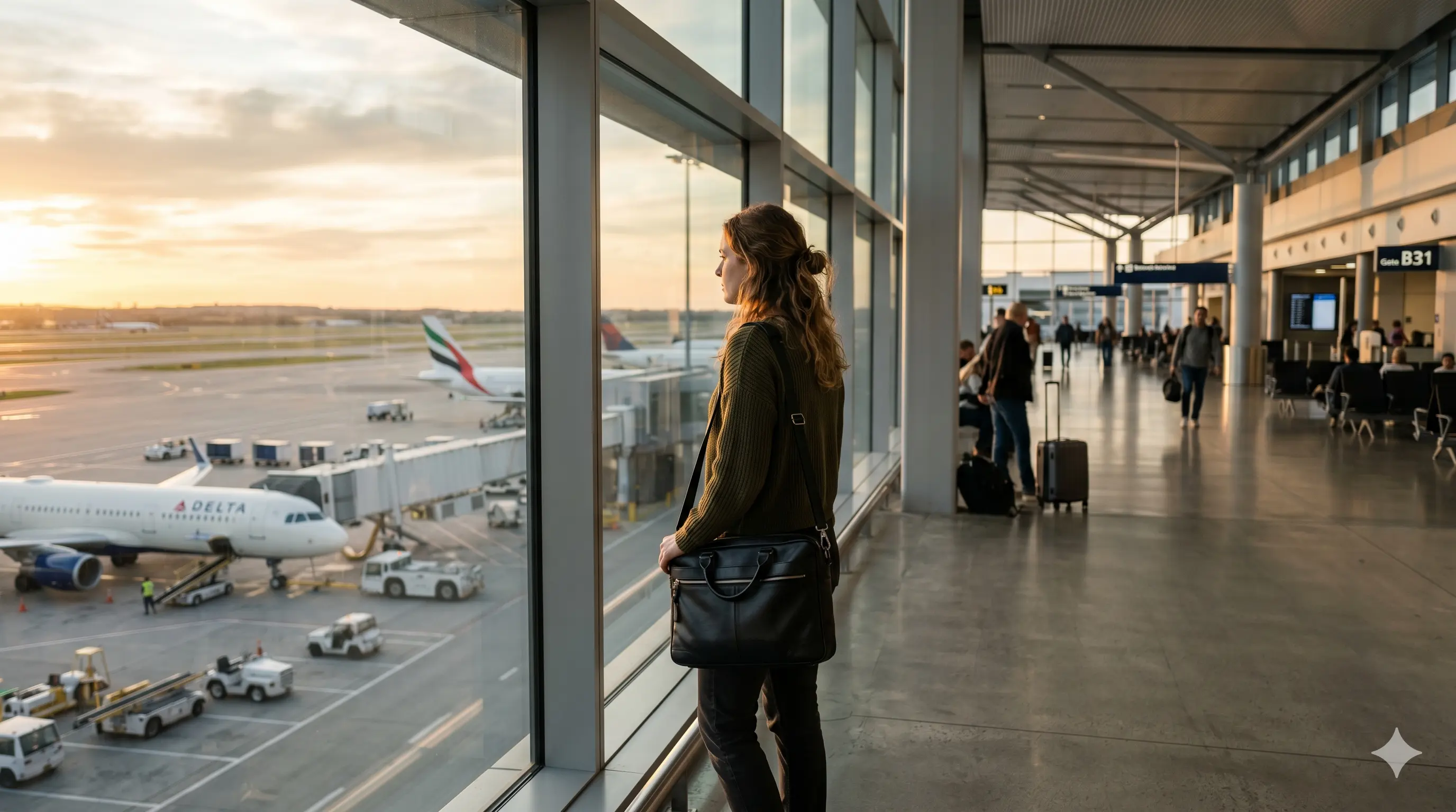 Person standing alone in an airport terminal looking through windows