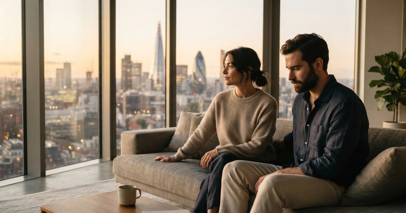 Couple sitting together looking through apartment window at a foreign city skyline