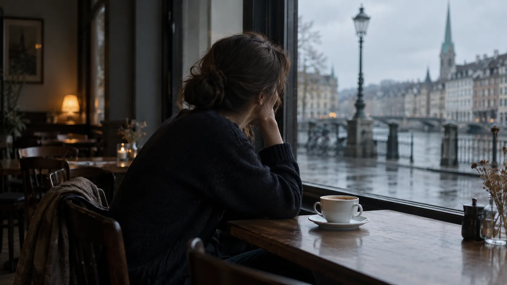 Woman in a dark sweater sitting alone at a cafe window with a coffee, looking out at a rainy European riverside street