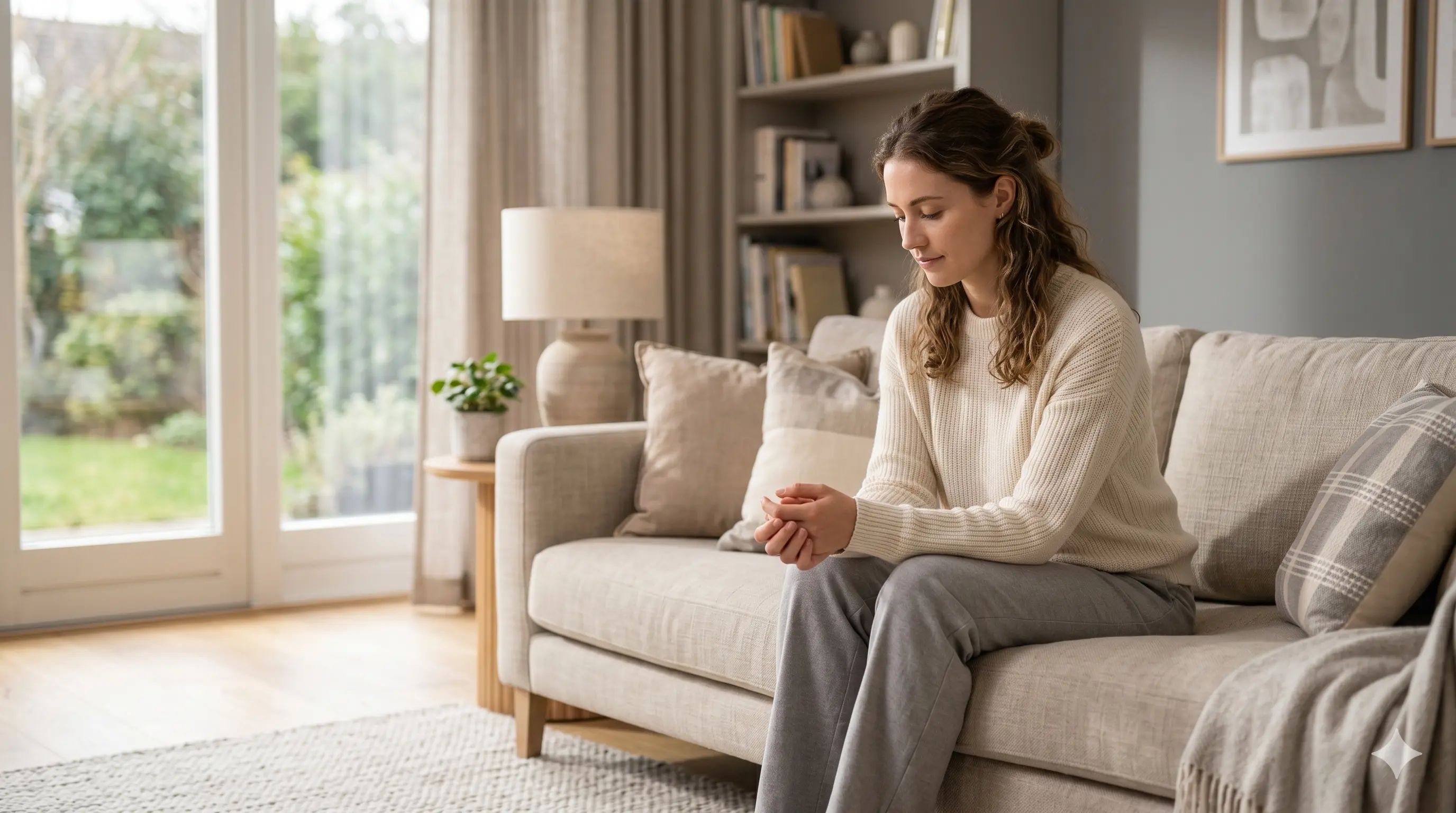 Person sitting in quiet reflection on a couch