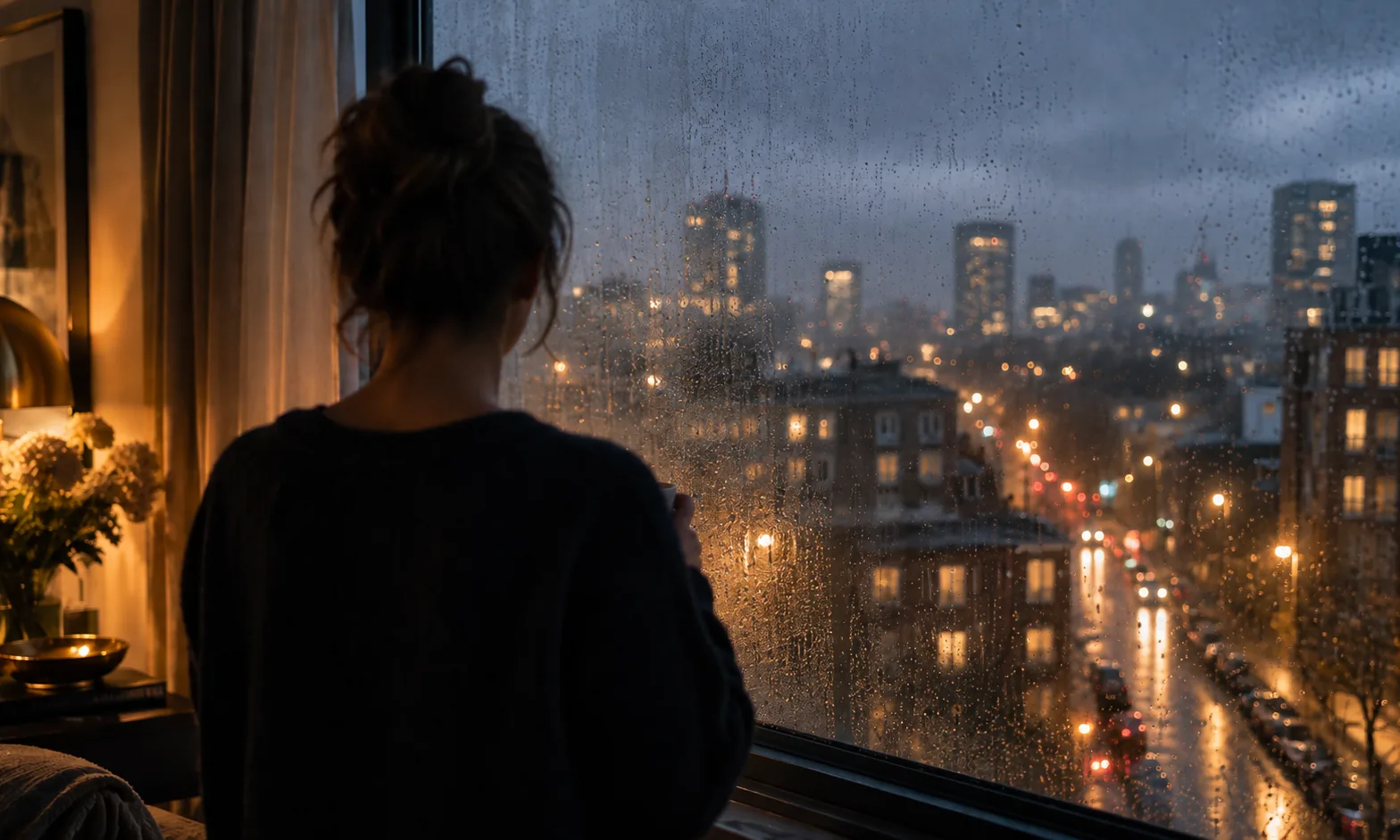 Person by a rain-speckled window at dusk in London