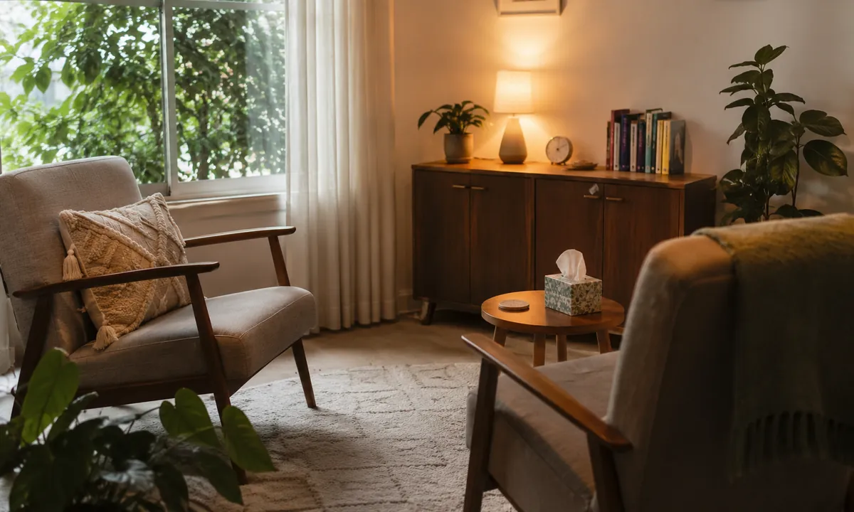 Warm therapy office with two armchairs, a side table with a tissue box, plants and soft lamplight