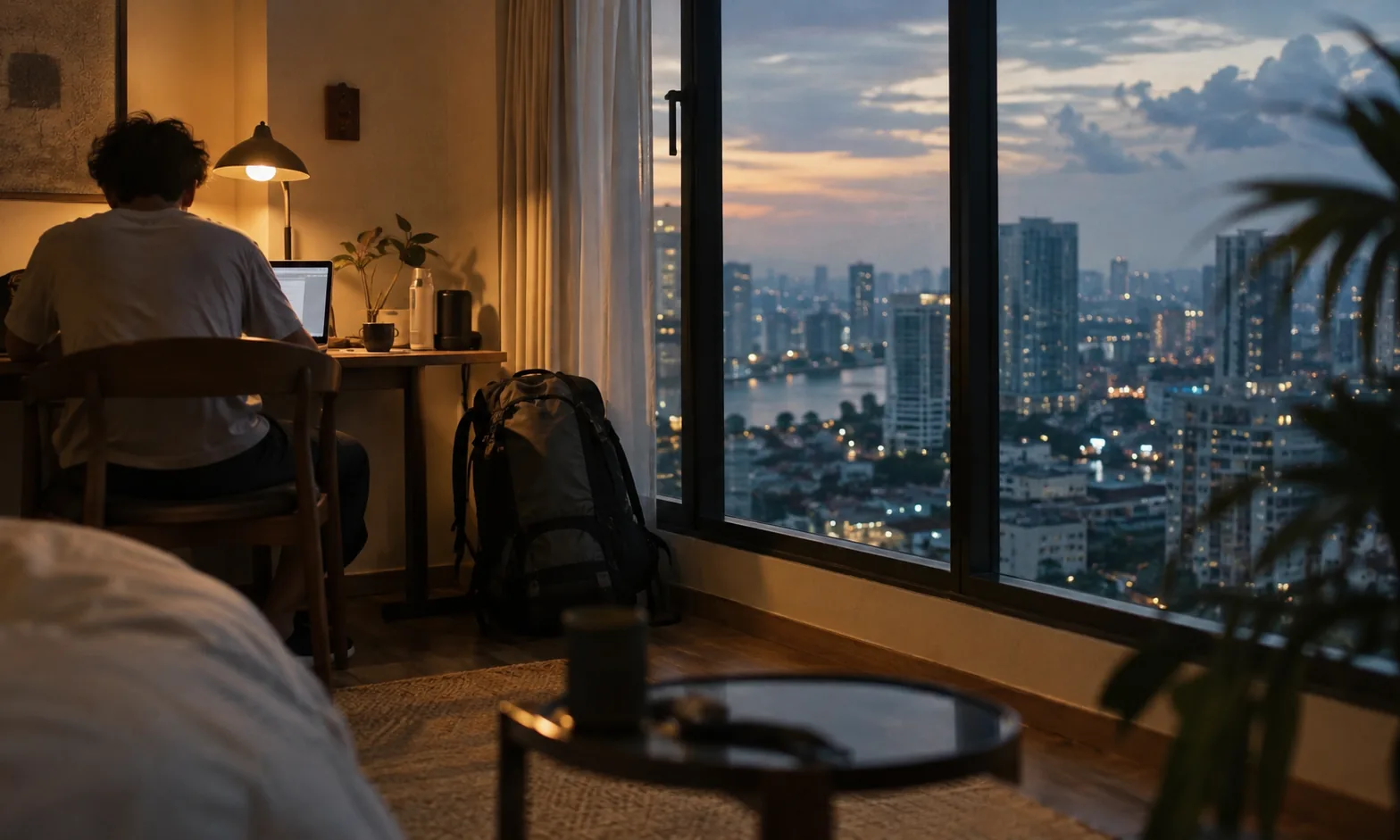 Persona trabajando en un portátil junto a una ventana al atardecer, con una mochila de viaje al lado